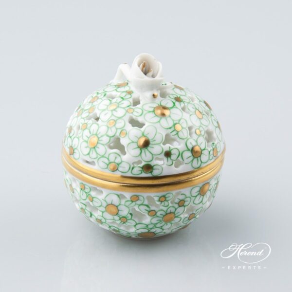 Bonbonniere with Bud Knob 6219-0-12 CORV Green pattern. Herend porcelain, Small Candy Jar.