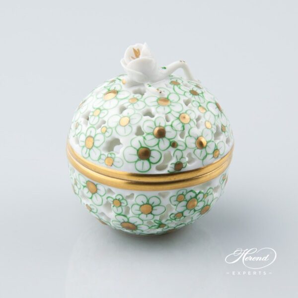 Bonbonniere with Bud Knob 6219-0-12 CORV Green pattern. Herend porcelain, Small Candy Jar.