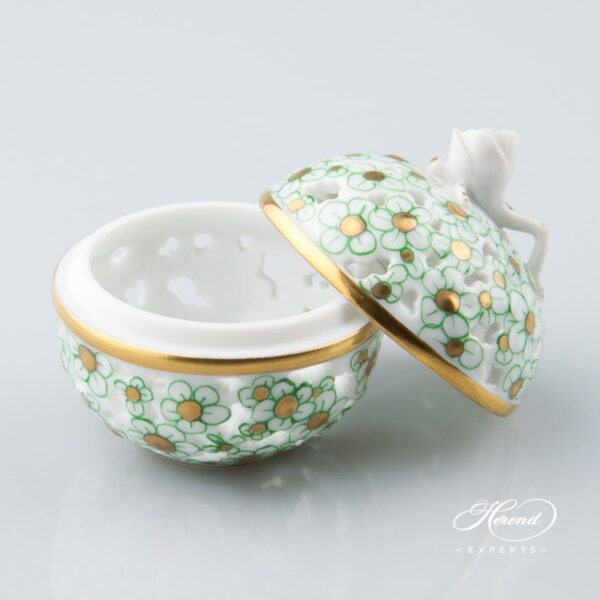 Bonbonniere with Bud Knob 6219-0-12 CORV Green pattern. Herend porcelain, Small Candy Jar.