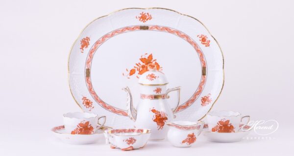 Coffee Set / Espresso Set for 2 Persons - Chinese Bouquet Rust / Apponyi Orange decor. Herend porcelain hand painted