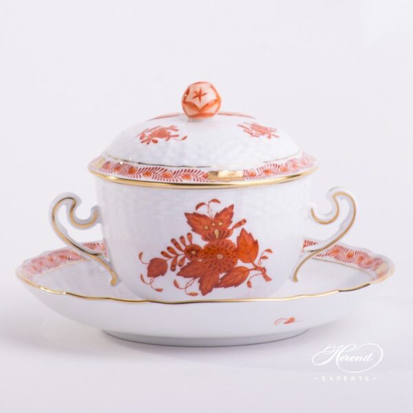 Soup Cup with Saucer 1718-0-12 AOG Chinese Bouquet Rust / Apponyi Orange decor. Lid with Bud Knob. Herend porcelain hand painted