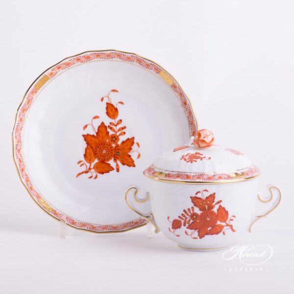 Soup Cup with Saucer 1718-0-12 AOG Chinese Bouquet Rust / Apponyi Orange decor. Lid with Bud Knob. Herend porcelain hand painted