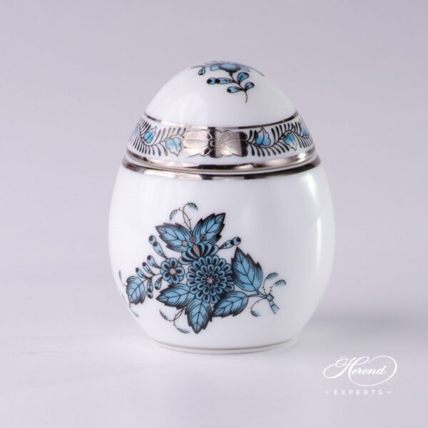 Fancy Box / Candy Jar 6043-0-00 ATQ3-PT Chinese Bouquet / Apponyi Turquoise design. Egg Shaped. Herend porcelain