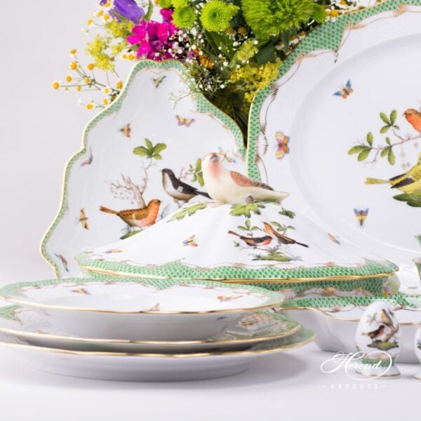 Dinner Set for 6 Persons - Herend Rothschild Bird Green Fish Scale RO-ETV pattern. Herend fine china. Hand painted