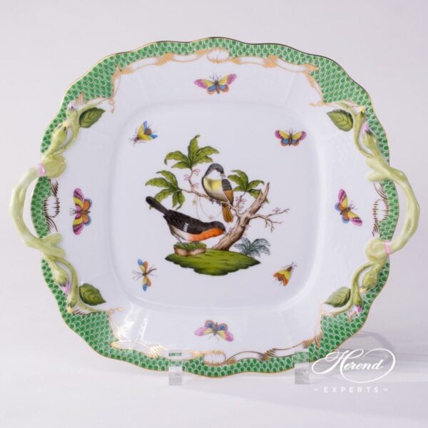 Cake Plate with Handles 430-0-00 RO-ETV Rothschild Bird Green Fish Scale pattern. Herend fine china hand painted. Tableware