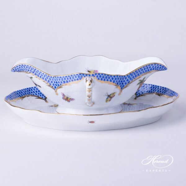 Sauce / Gravy Boat 220-0-00 RO-EB and Oval Dish 211-0-00 RO-EB Rothschild Bird Blue Fishnet pattern. Herend fine china