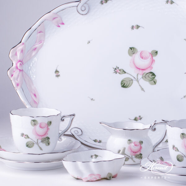 Herend Coffee Set with Ribbon Tray - Vienna Rose Platinum VGRS-PT pattern