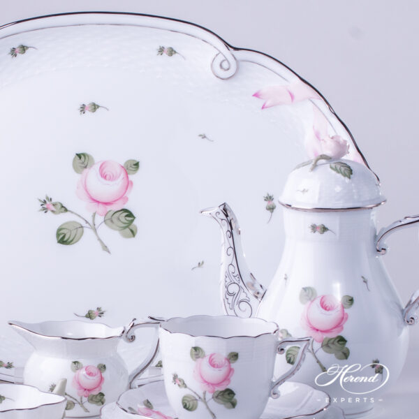 Herend Coffee Set with Ribbon Tray - Vienna Rose Platinum VGRS-PT pattern