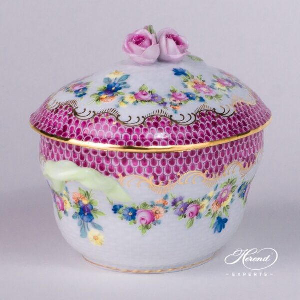 Sugar Basin with Rose Knob 6012-0-09 LTBS-EPH Flower Garland Purple Fish Scale decor. Herend porcelain hand painted