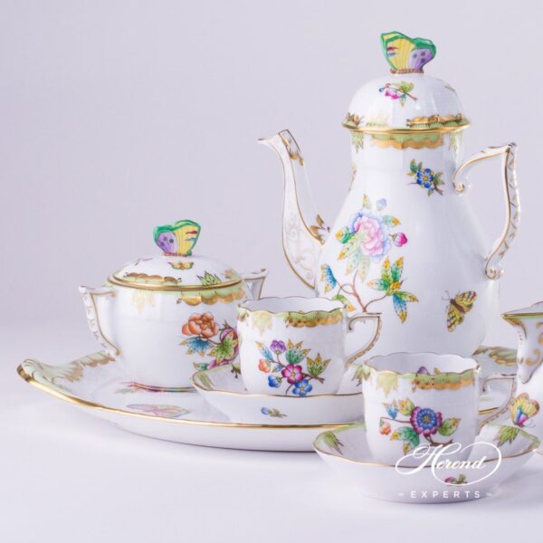 Coffee / Mocha Set for 2 Persons with Cake Plate - Queen Victoria VBO pattern. Herend porcelain hand painted