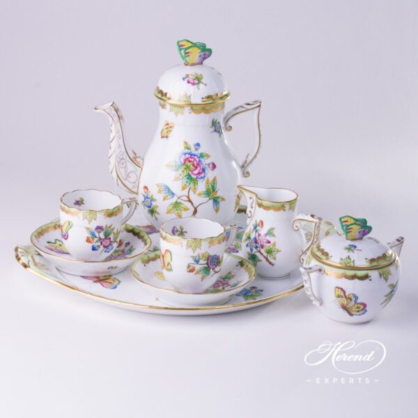 Coffee / Mocha Set for 2 Persons with Cake Plate - Queen Victoria VBO pattern. Herend porcelain hand painted