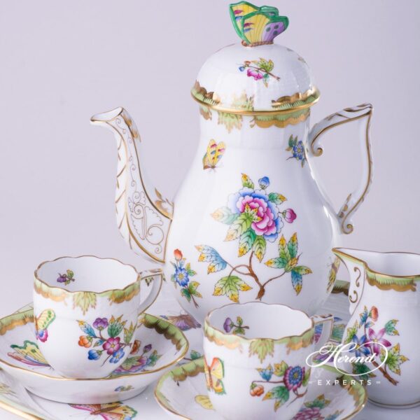 Coffee / Mocha Set for 2 Persons with Cake Plate - Queen Victoria VBO pattern. Herend porcelain hand painted