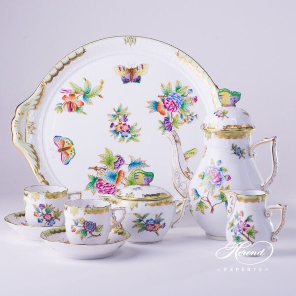 Coffee / Mocha Set for 2 Persons with Cake Plate - Queen Victoria VBO pattern. Herend porcelain hand painted