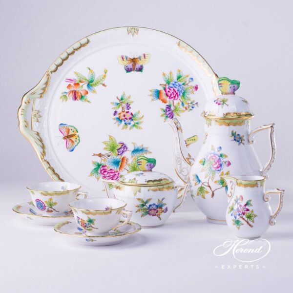 Coffee / Mocha Set for 2 Persons with Cake Plate - Queen Victoria VBO pattern. Herend porcelain hand painted
