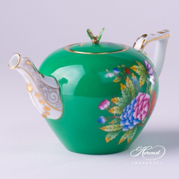 Miniature Tea Pot w. Butterfly Knob 20608-0-17 VE-FV Queen Victoria VBO design on Green Background. Herend fine china tableware. Hand painted