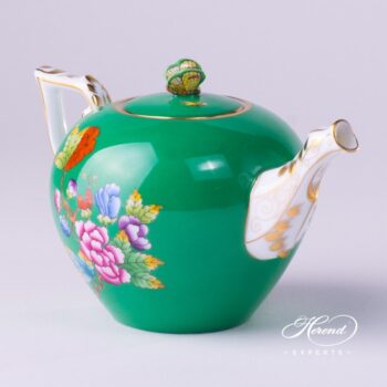 Miniature Tea Pot w. Butterfly Knob 20608-0-17 VE-FV Queen Victoria VBO design on Green Background. Herend fine china tableware. Hand painted