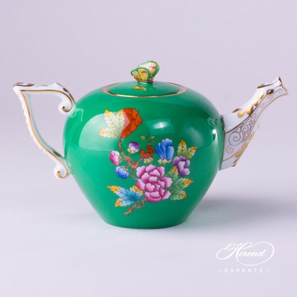 Miniature Tea Pot w. Butterfly Knob 20608-0-17 VE-FV Queen Victoria VBO design on Green Background. Herend fine china tableware. Hand painted