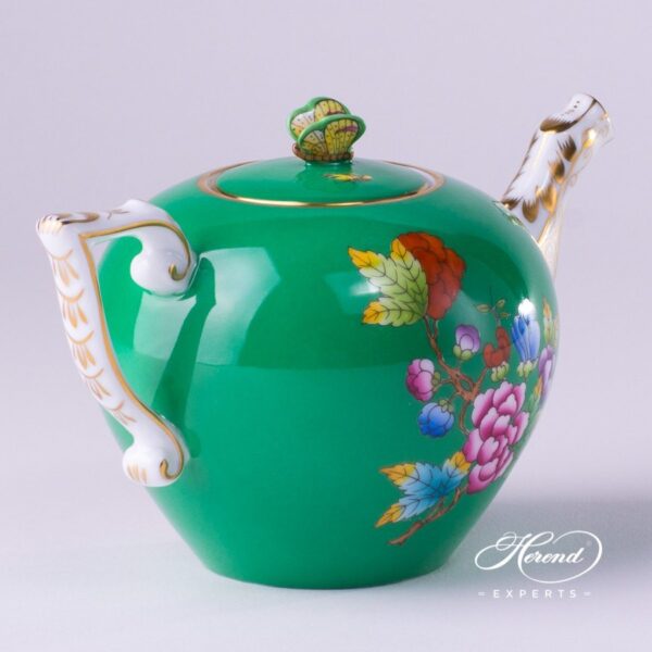 Miniature Tea Pot w. Butterfly Knob 20608-0-17 VE-FV Queen Victoria VBO design on Green Background. Herend fine china tableware. Hand painted