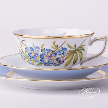 Tea Cup w. Dessert Plate 20734-0-00 FLA-BB Texas Bluebonnet and 20517-0-00 CB1 Blue edge pattern. Herend Fine china hand painted. Texas Flower pattern