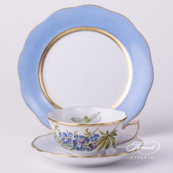 Tea Cup w. Dessert Plate 20734-0-00 FLA-BB Texas Bluebonnet and 20517-0-00 CB1 Blue edge pattern. Herend Fine china hand painted. Texas Flower pattern