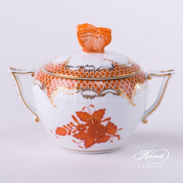 Sugar Basin w. Butterfly Knob 472-0-17 AOG-ETH Chinese Bouquet Rust / Apponyi Orange Fish scale design. Herend fine china