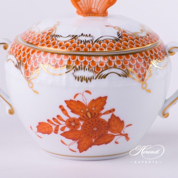 Sugar Basin w. Butterfly Knob 472-0-17 AOG-ETH Chinese Bouquet Rust / Apponyi Orange Fish scale design. Herend fine china