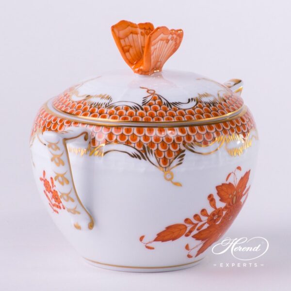 Sugar Basin w. Butterfly Knob 472-0-17 AOG-ETH Chinese Bouquet Rust / Apponyi Orange Fish scale design. Herend fine china