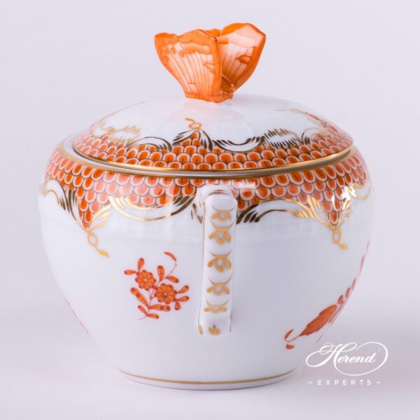 Sugar Basin w. Butterfly Knob 472-0-17 AOG-ETH Chinese Bouquet Rust / Apponyi Orange Fish scale design. Herend fine china