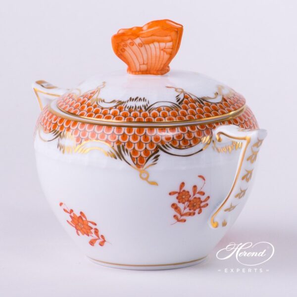 Sugar Basin w. Butterfly Knob 472-0-17 AOG-ETH Chinese Bouquet Rust / Apponyi Orange Fish scale design. Herend fine china