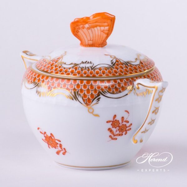 Sugar Basin w. Butterfly Knob 472-0-17 AOG-ETH Chinese Bouquet Rust / Apponyi Orange Fish scale design. Herend fine china