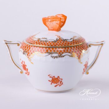 Sugar Basin w. Butterfly Knob 472-0-17 AOG-ETH Chinese Bouquet Rust / Apponyi Orange Fish scale design. Herend fine china