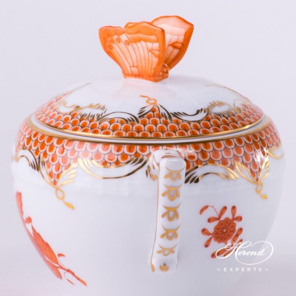 Sugar Basin w. Butterfly Knob 472-0-17 AOG-ETH Chinese Bouquet Rust / Apponyi Orange Fish scale design. Herend fine china