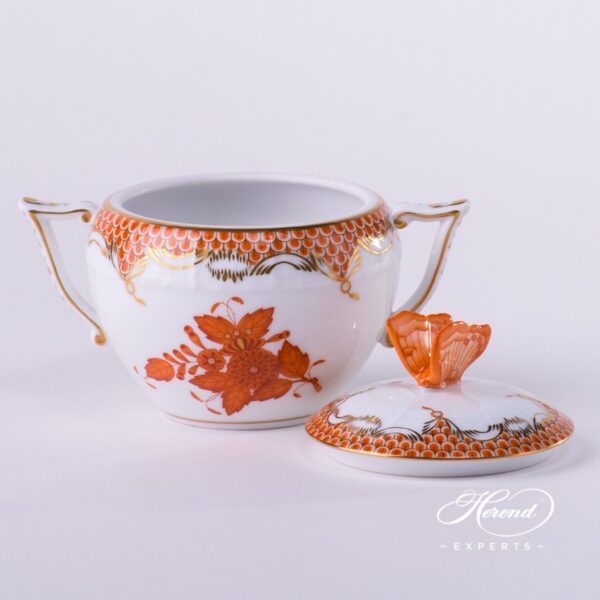 Sugar Basin w. Butterfly Knob 472-0-17 AOG-ETH Chinese Bouquet Rust / Apponyi Orange Fish scale design. Herend fine china