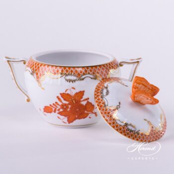 Sugar Basin w. Butterfly Knob 472-0-17 AOG-ETH Chinese Bouquet Rust / Apponyi Orange Fish scale design. Herend fine china