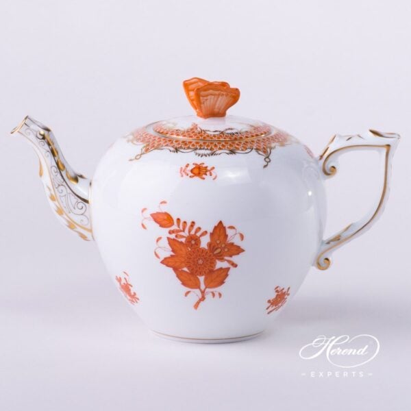 Tea Pot with Butterfly Knob 606-0-17 AOG-ETH Chinese Bouquet Rust / Apponyi Orange decor with Fish Scale. Apponyi Orange Fish Scale pattern. Herend porcelain hand painted