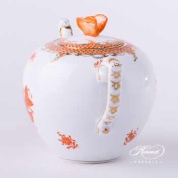 Tea Pot with Butterfly Knob 606-0-17 AOG-ETH Chinese Bouquet Rust / Apponyi Orange decor with Fish Scale. Apponyi Orange Fish Scale pattern. Herend porcelain hand painted