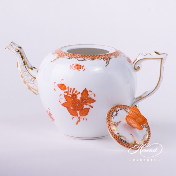 Tea Pot with Butterfly Knob 606-0-17 AOG-ETH Chinese Bouquet Rust / Apponyi Orange decor with Fish Scale. Apponyi Orange Fish Scale pattern. Herend porcelain hand painted