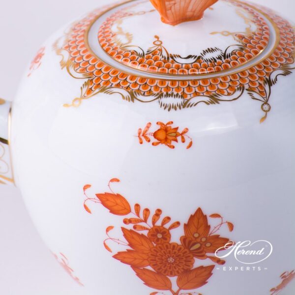 Tea Pot with Butterfly Knob 606-0-17 AOG-ETH Chinese Bouquet Rust / Apponyi Orange decor with Fish Scale. Apponyi Orange Fish Scale pattern. Herend porcelain hand painted