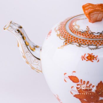 Tea Pot with Butterfly Knob 606-0-17 AOG-ETH Chinese Bouquet Rust / Apponyi Orange decor with Fish Scale. Apponyi Orange Fish Scale pattern. Herend porcelain hand painted