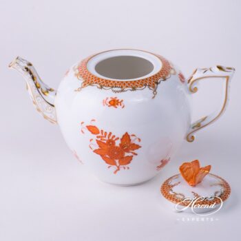 Tea Pot with Butterfly Knob 606-0-17 AOG-ETH Chinese Bouquet Rust / Apponyi Orange decor with Fish Scale. Apponyi Orange Fish Scale pattern. Herend porcelain hand painted