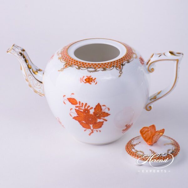 Tea Pot with Butterfly Knob 606-0-17 AOG-ETH Chinese Bouquet Rust / Apponyi Orange decor with Fish Scale. Apponyi Orange Fish Scale pattern. Herend porcelain hand painted