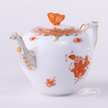 Tea Pot with Butterfly Knob 606-0-17 AOG-ETH Chinese Bouquet Rust / Apponyi Orange decor with Fish Scale. Apponyi Orange Fish Scale pattern. Herend porcelain hand painted
