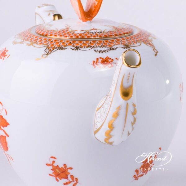 Tea Pot with Butterfly Knob 606-0-17 AOG-ETH Chinese Bouquet Rust / Apponyi Orange decor with Fish Scale. Apponyi Orange Fish Scale pattern. Herend porcelain hand painted
