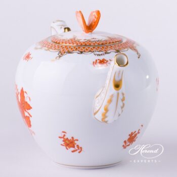 Tea Pot with Butterfly Knob 606-0-17 AOG-ETH Chinese Bouquet Rust / Apponyi Orange decor with Fish Scale. Apponyi Orange Fish Scale pattern. Herend porcelain hand painted