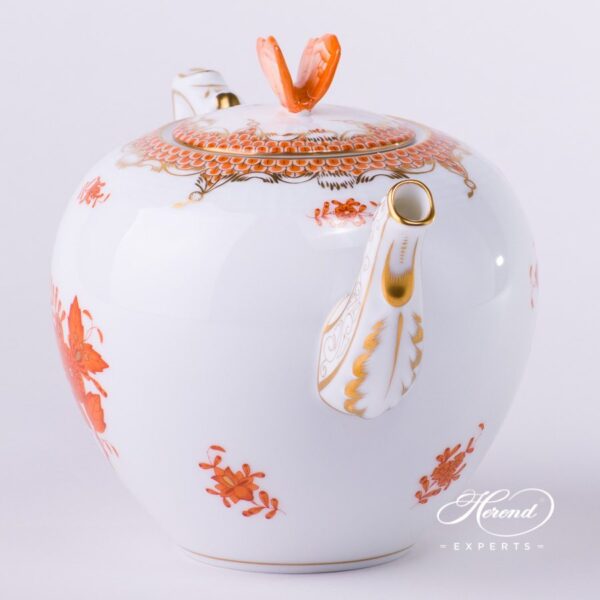 Tea Pot with Butterfly Knob 606-0-17 AOG-ETH Chinese Bouquet Rust / Apponyi Orange decor with Fish Scale. Apponyi Orange Fish Scale pattern. Herend porcelain hand painted