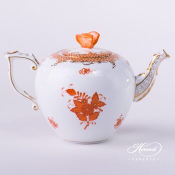 Tea Pot with Butterfly Knob 606-0-17 AOG-ETH Chinese Bouquet Rust / Apponyi Orange decor with Fish Scale. Apponyi Orange Fish Scale pattern. Herend porcelain hand painted