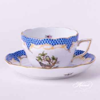 Tea / Coffee Cup with Saucer 730-0-00 RO-ETB Rothschild Bird Blue Fish Scale design. Herend fine china tableware. Hand painted