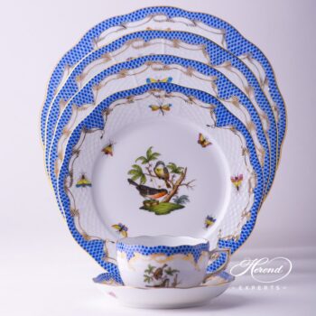 Place Setting 6 Pieces - Herend Rothschild Bird Blue Fish scale RO-ETB design. Herend fine china tableware. Hand painted