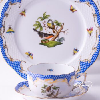 Place Setting 6 Pieces - Herend Rothschild Bird Blue Fish scale RO-ETB design. Herend fine china tableware. Hand painted