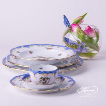 Place Setting 6 Pieces - Herend Rothschild Bird Blue Fish scale RO-ETB design. Herend fine china tableware. Hand painted
